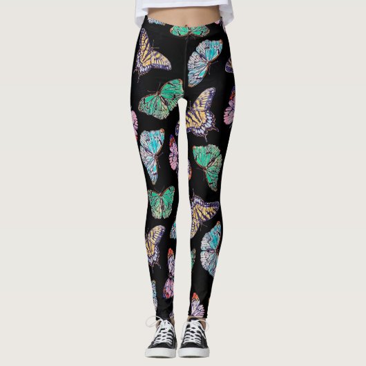 Zwarte kleurige Waterverf Butterflies Leggings (Voorkant)