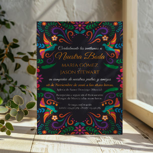 Zwarte Kleurrijke Bloemenuitnodiging Nuestra Boda Kaart