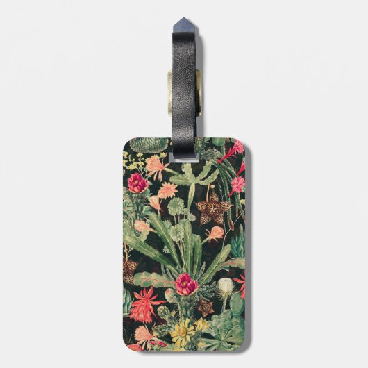 Zwarte  kleurrijke cactus bagagelabel (Achterkant verticaal)