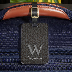 Zwarte Koe Leer Textuur Script Monogram Naam Bagagelabel