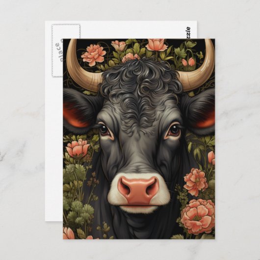 Zwarte Koe met krullend haar in de bloemen Briefkaart (Voorkant / Achterkant)