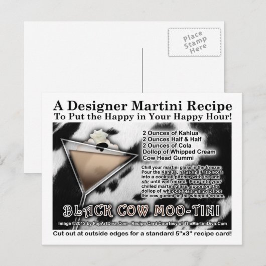 Zwarte Koe Moo-Tini Martini Recept Briefkaart (Voorkant / Achterkant)