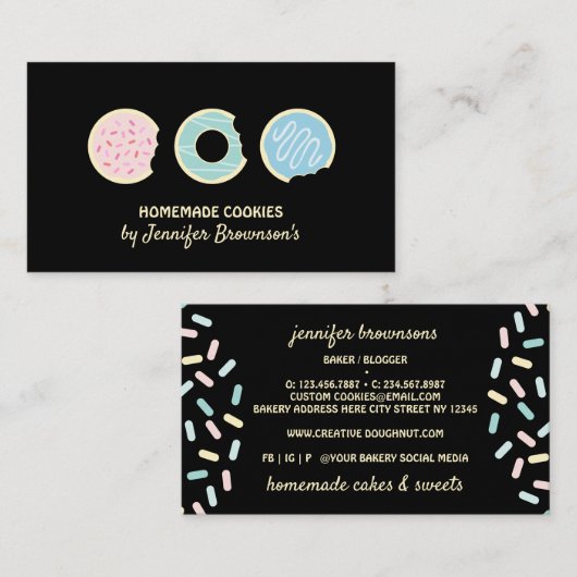 Zwarte koekjes donuts zoete traktaties visitekaartje (Voorkant / Achterkant)