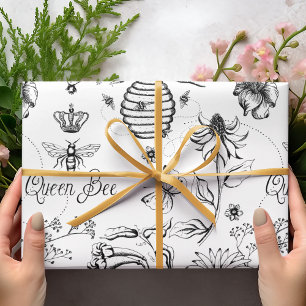 Zwarte Koningin Bee en Bloemen Tekening Cadeaupapier
