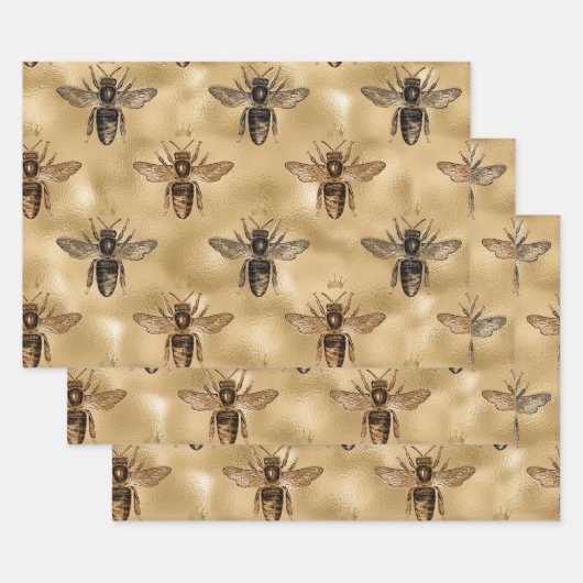 Zwarte koningin bijen op goud inpakpapier vel (Set)