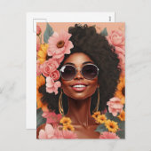 Zwarte koningin bloemenafro melanine vrouw bloem l feestdagenkaart (Voorkant / Achterkant)