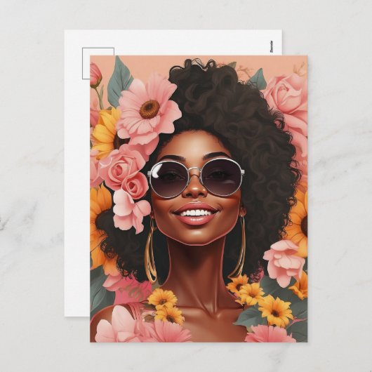 Zwarte koningin bloemenafro melanine vrouw bloem l feestdagenkaart (Voorkant / Achterkant)