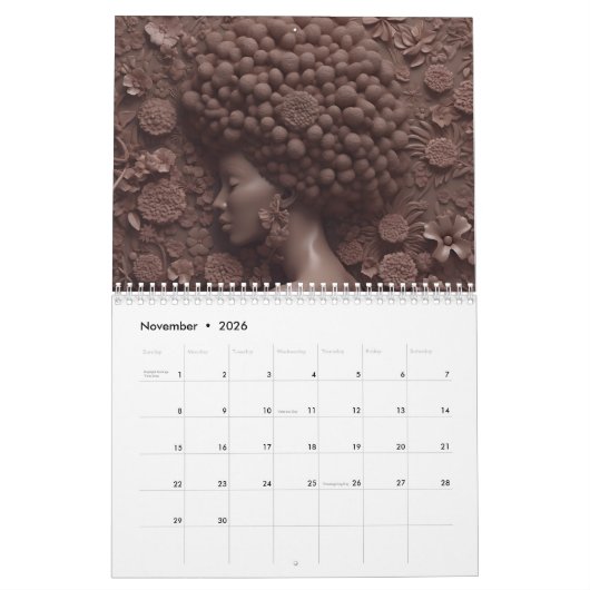 Zwarte koningin melanine sista bloem krullend afro kalender (Nov 2026)