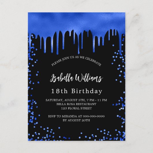 Zwarte koningsblauwe druppels op zondag uitnodiging briefkaart (Voorkant)