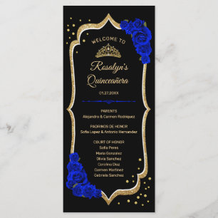 Zwarte Koninklijke Blauwe Gouden Quinceanera Programmakaart