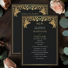 Zwarte Koninklijke Leeuw Middeleeuws Zwaard Weddin Programmakaart