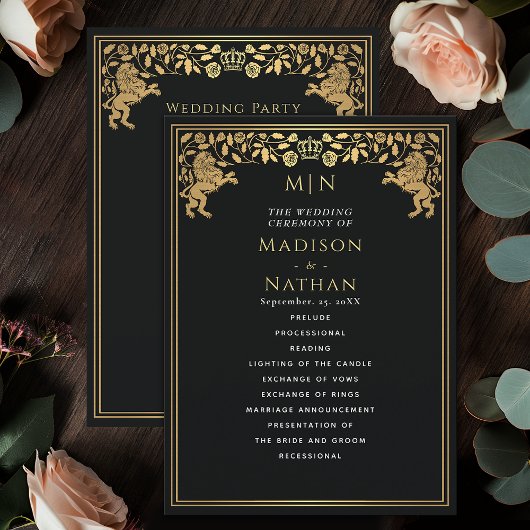 Zwarte Koninklijke Leeuw Middeleeuws Zwaard Weddin Programmakaart