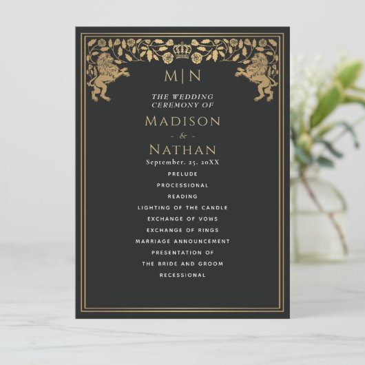 Zwarte Koninklijke Leeuw Middeleeuws Zwaard Weddin Programmakaart (Staand voorkant)