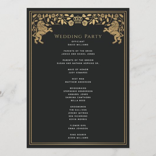 Zwarte Koninklijke Leeuw Middeleeuws Zwaard Weddin Programmakaart (Achterkant)