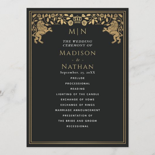 Zwarte Koninklijke Leeuw Middeleeuws Zwaard Weddin Programmakaart (Voorkant)