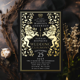 Zwarte Koninklijke Leeuw Middeleeuwse bruiloft Folie Uitnodiging