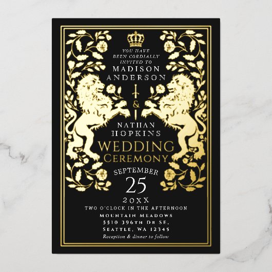 Zwarte Koninklijke Leeuw Middeleeuwse bruiloft Folie Uitnodiging (Voorkant)