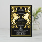 Zwarte Koninklijke Leeuw Middeleeuwse bruiloft Folie Uitnodiging (Staand Voorkant)