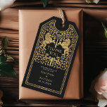 Zwarte Koninklijke Leeuw Middeleeuwse Zwaard bruil Cadeaulabel<br><div class="desc">Bedank uw gasten met koninklijke elegantie! Deze labels zijn voorzien van twee gouden leeuwen met een zwaard en een kroon ertussen, omringd door delicate bloemen op een zwarte achtergrond. De perfecte koninklijke touch voor uw speciale dag! Houd er rekening mee dat het goud op de labels GEEN echte folie is...</div>