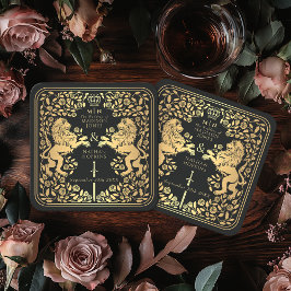 Zwarte koninklijke leeuw middeleeuwse zwaard bruil kartonnen onderzetters