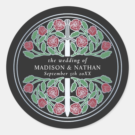 Zwarte Koninklijke Middeleeuwse Zilveren Zwaard Hu Ronde Sticker (Voorkant)