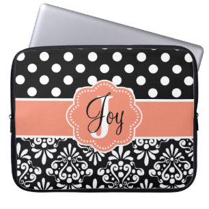Zwarte Koraal Damask Monogram laptophoes Laptop Sleeve