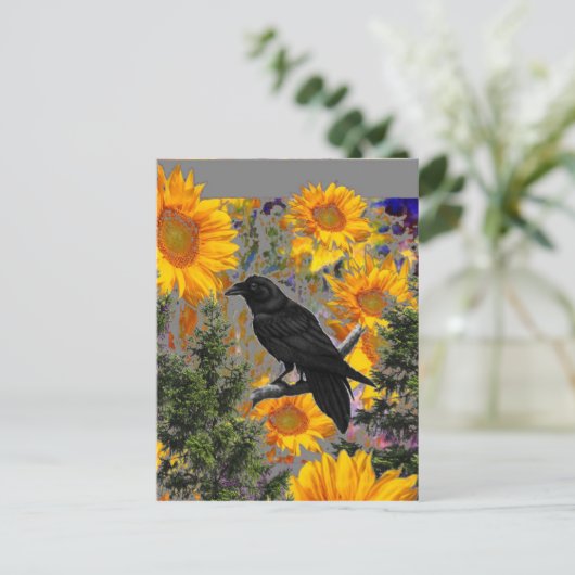 zwarte kraai en zonnebloemen briefkaart (Staand voorkant)