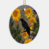 zwarte kraai en zonnebloemen keramisch ornament (Rechts)