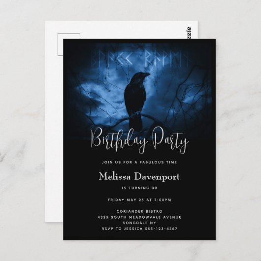 Zwarte Kraai met Runen Goth Verjaardagsuitnodiging Briefkaart (Voorkant / Achterkant)