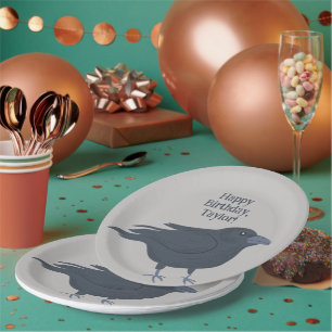 Zwarte kraai op grijs gepersonaliseerd papieren bordje