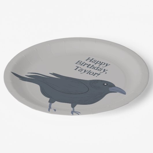 Zwarte kraai op grijs gepersonaliseerd papieren bordje (Gekanteld)