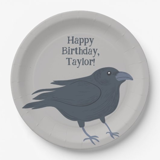 Zwarte kraai op grijs gepersonaliseerd papieren bordje (Voorkant)