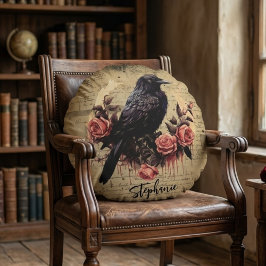Zwarte Kraai Vintage Rozen, Donkere Goth Raven Blo Rond Kussen