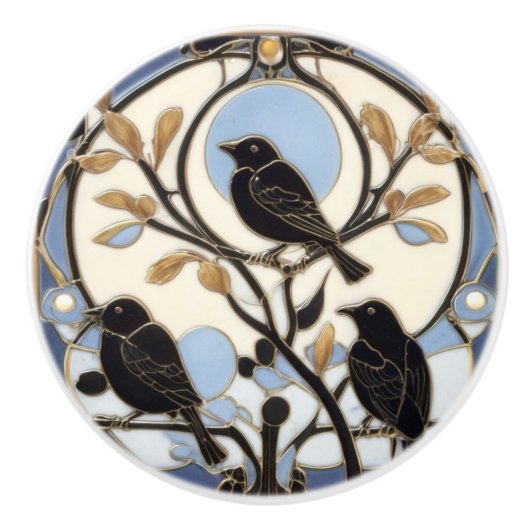 Zwarte kraaien Art Nouveau Vogels Art Deco Vogel Keramische Knop (Voorkant)