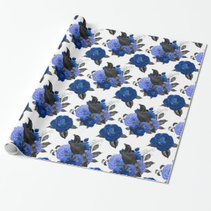 ZWARTE KRAAIEN KONINKLIJK BLAUWE ROZEN BLOEMEN GOT CADEAUPAPIER