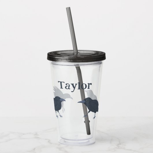 Zwarte kraaien vogels illustraties gepersonaliseer acryl drinkbeker (Links)