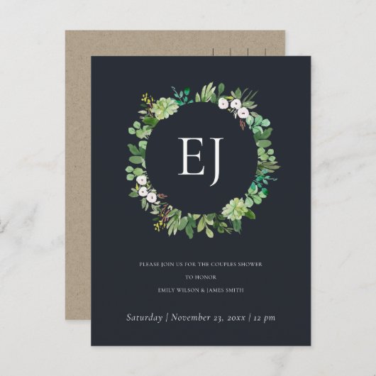 ZWARTE KRAFT FOLIAGE WREATH MONOGRAM BRUNCH BUBBLY UITNODIGING BRIEFKAART (Voorkant / Achterkant)