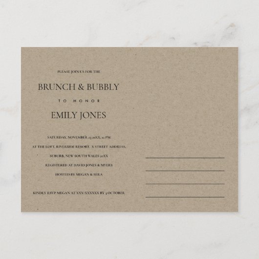 ZWARTE KRAFT FOLIAGE WREATH MONOGRAM BRUNCH BUBBLY UITNODIGING BRIEFKAART (Achterkant)