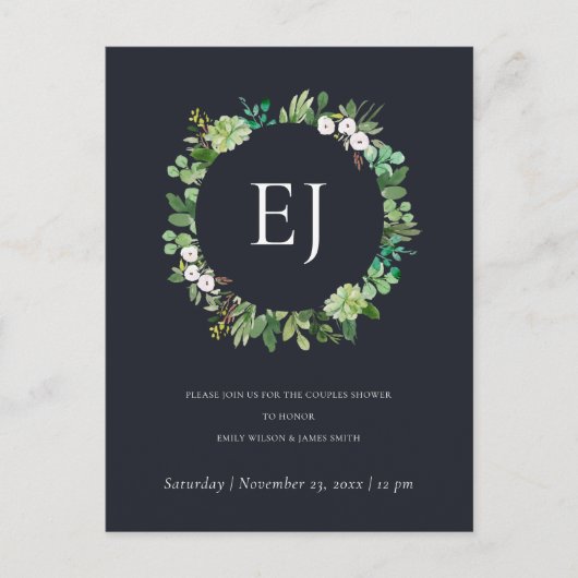 ZWARTE KRAFT FOLIAGE WREATH MONOGRAM BRUNCH BUBBLY UITNODIGING BRIEFKAART (Voorkant)