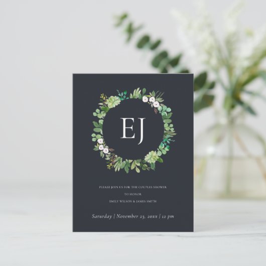 ZWARTE KRAFT FOLIAGE WREATH MONOGRAM BRUNCH BUBBLY UITNODIGING BRIEFKAART (Staand voorkant)