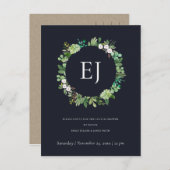 ZWARTE KRAFT FOLIAGE WREATH MONOGRAM COUPLY SHOWER UITNODIGING BRIEFKAART (Voorkant / Achterkant)
