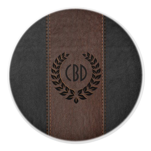 Zwarte krans met bruine & zwarte lederen textuur keramische knop (Voorkant)