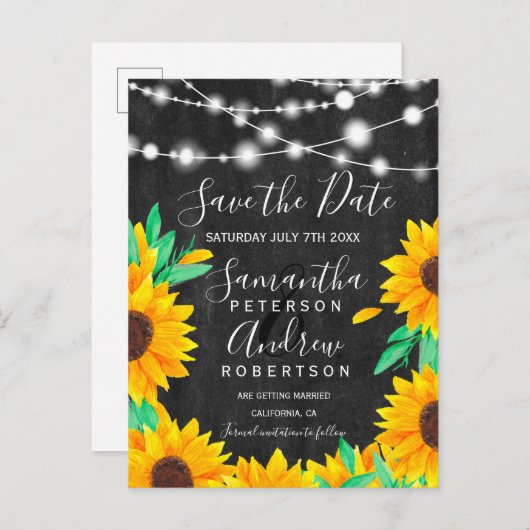 zwarte krijt licht zonnebloemen behalve datum aankondigingskaart (Voorkant / Achterkant)