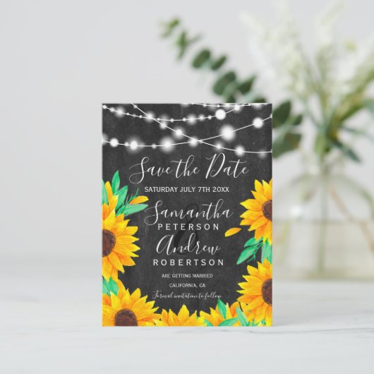 zwarte krijt licht zonnebloemen behalve datum aankondigingskaart (Staand voorkant)
