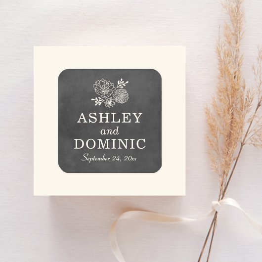  zwarte-krijtbord bruiloft monogram vierkante sticker