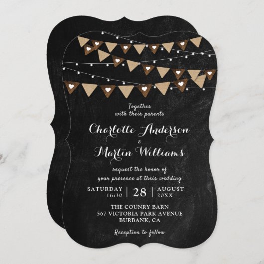 Zwarte Krijtbord String Lights Bunting Wedding Kaart (Voorkant / Achterkant)