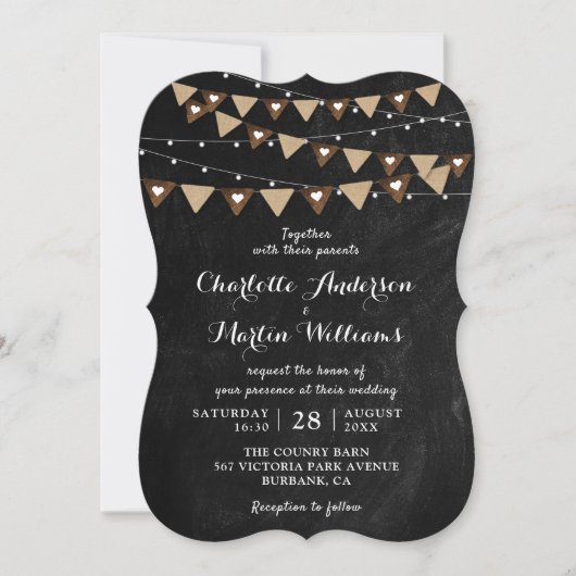 Zwarte Krijtbord String Lights Bunting Wedding Kaart (Voorkant)
