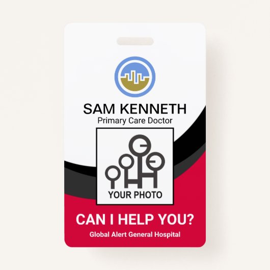 Zwarte kromtegolven Medische Doctor Foto Badge (Voorkant)