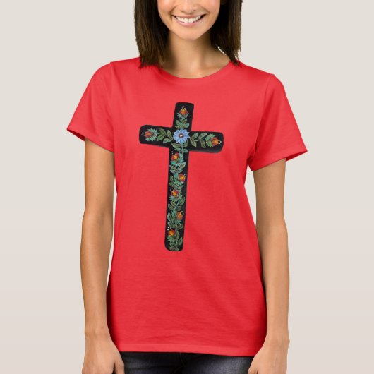 Zwarte kruis met bloemen t-shirt (Voorkant)