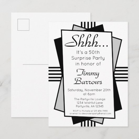 Zwarte Kunst Deco 50th Surprise Party Birthday Uitnodiging Briefkaart (Voorkant / Achterkant)